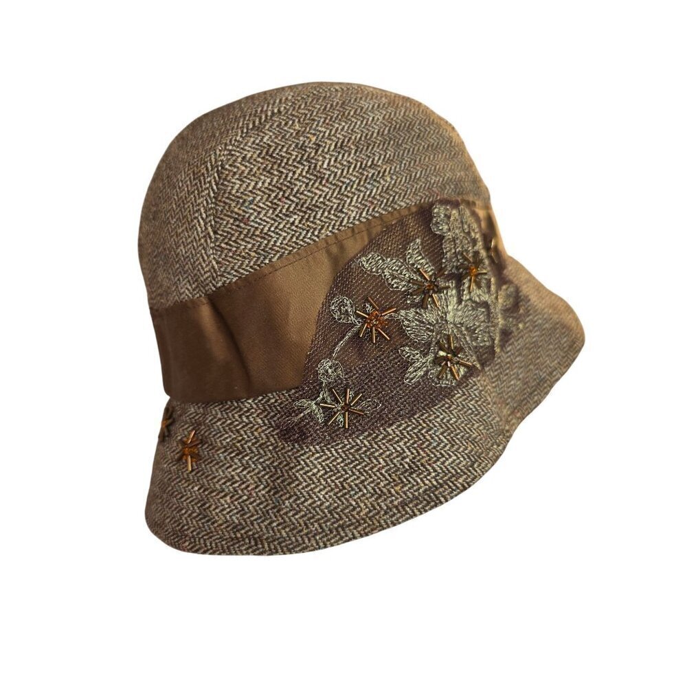 Nest Y2K Brown Wool Herringbone Cloche Bucket Hat Hand Embellished Silk Band